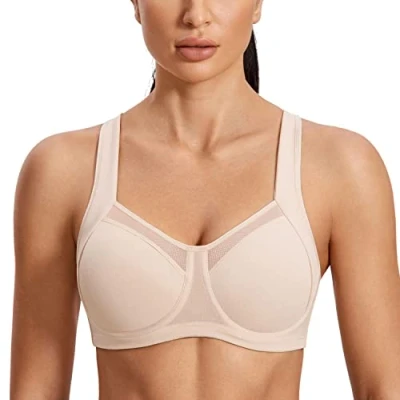 Imagen de SYROKAN Sujetador Deportivo Mujer Alto Impacto con Aros y Espalda Cruzada sin Forro Beige 95E