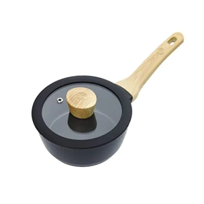 Imagen de MasterChef Cazo Cocina, Cacerola Antiadherente, con Mango de Madera y Tapa, Pequeño, por Pasta, Sopa &amp; Leche, Aluminio, Revestimiento Antirayaduras, Apta para Lavavajillas, 18cm, Negro