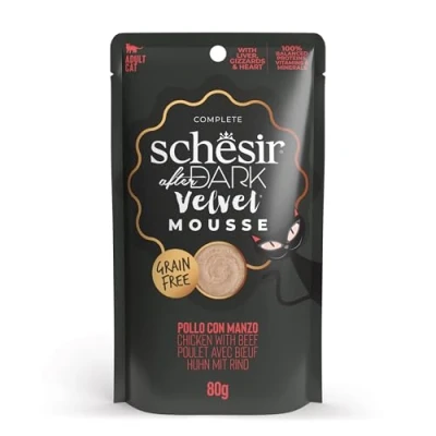 Imagen de Schesir After Dark Sabor Pollo con Carne en Mousse, Comida húmeda Completa para Gatos Adultos (bolsitas 12 x 80 g)