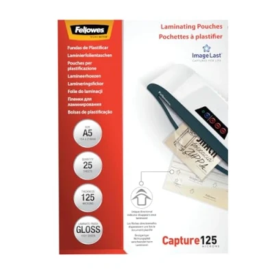 Imagen de Fellowes Fundas de Plastificar A5, acabado brillo, 25 hojas, 250 micras (2 x 125 micras), calidad, con indicadores direccionales Image Last, adecuadas para fotos, avisos y uso diario