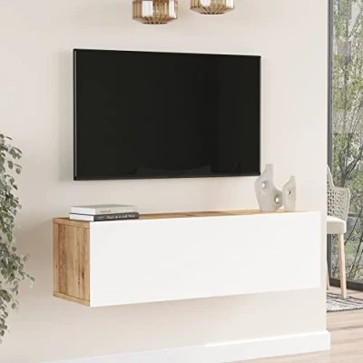Imagen de [en.casa] Mueble TV Suspendido Mesa Tele de Pared con 1 Puerta Aglomerado Recubierto Melamina 100 x 32 30 cm Roble Rústico/Blanco
