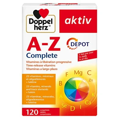 Imagen de Doppelherz aktiv a Z Complete Depot Multivitamínico, Complemento alimenticio largo plazo, ricos en minerales y nutrientes, 23 vitaminas, minerales, oligoelementos + luteína, 120 comprimidos