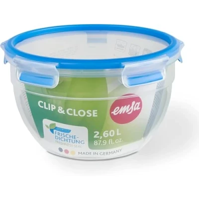 Imagen de Emsa Clip &amp; Close redondo Hermético de plástico 2,60 L, cierre seguro, no derrama líquidos ni retiene olores, libre BPA, apto para microondas y lavavajillas, color transparente azul