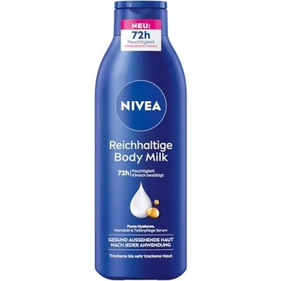 Imagen de NIVEA Rica leche corporal, crema corporal intensamente nutritiva con ácido hialurónico puro, aceite de almendras y suero cuidado profundo, loción para piel seca (250 ml)
