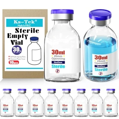 Imagen de Ks Tek Viales vacíos estériles con puerto de inyección autorreparable, tapa aluminio abatible, paquete estéril (30 ml, 10)