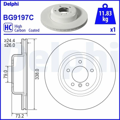 Imagen de DELPHI BG9197C Disco de freno 338 26 5 ventilado revestido altamente carbonizado sin cojinete rueda, anillo sensor ABS BMW: 1 Coupé, Cabrio
