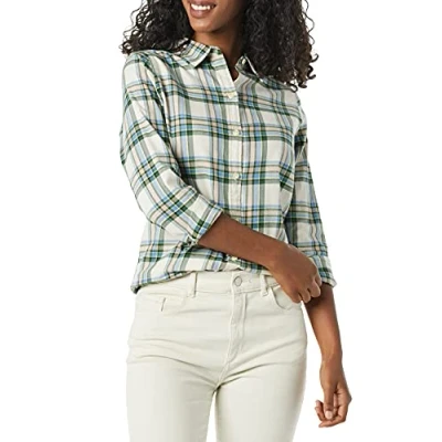 Imagen de Amazon Essentials Camiseta de Franela a Cuadros, Ligera, Manga Larga y Ajuste Clásico Mujer, Marfil Verde Falda Escocesa Alpina, XL