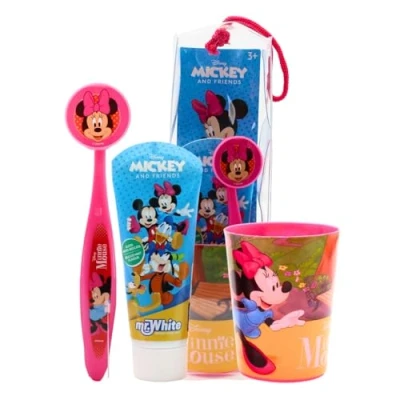Imagen de Mr.White Minnie Juego de bolsas para niños, ideal viajes, incluye cepillo dientes manual con ventosa, tapa viaje, pasta sabor a menta suave 75 ml, y 1 vaso