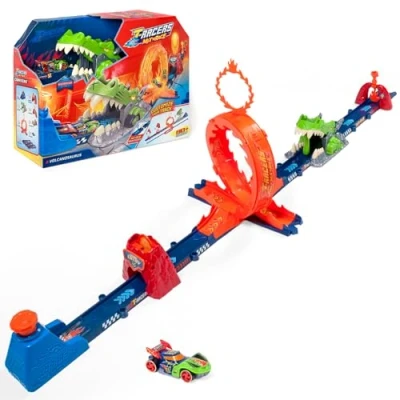 Imagen de T Racers Mix ‘N Race Volcanosaurus Pista para Coches de Juguete, Contiene 1 Disparador, 3 Pistas, Coche Exclusivo Nitro Rex y 4 Acrobacias