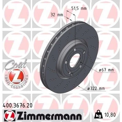 Imagen de ZIMMERMANN COAT Z 400.3676.20 Disco de freno 322 32 6/5 5 112 ventilación interna, perforado revestido altamente carbonizado MERCEDES BENZ: CLS Coupé