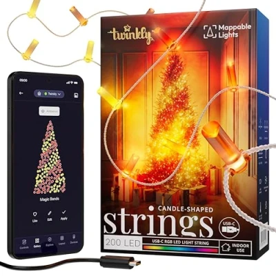Imagen de Twinkly Strings USB C Candle 200 LED, guirnalda LED en forma de vela, cable luminoso multicolor RGB, compatible con Alexa, Google Home, Navidad, alimentación C,