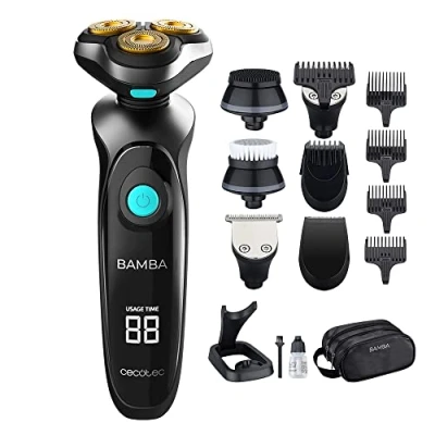 Imagen de Cecotec Afeitadora Multigrooming Bamba PrecisionCare TwistGroom 10in1, Base de carga, Batería Litio, Cuchillas Acero Inox con Recubrimiento Titanio, Pantalla Digital y Waterproof, Color Gris