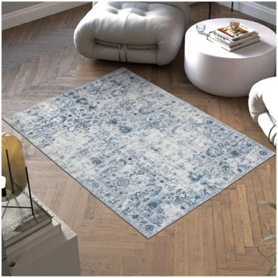 Imagen de TecTake® Alfombra de Salón Moderna, Diseño Oriental, Antideslizante, Lavable, Pelo Corto Extra Suave, Salon, Alfombras Dormitorio, Lavable Lavadora 170 x 120 cm Azul