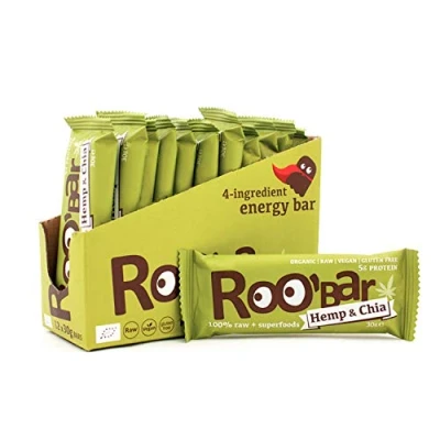 Imagen de Roobar Barrita De Proteína Cáñamo Sin Lácteos Ni Gluten. 100% Orgánico, Vegano, Crudo Con Superalimentos Para Una Nutrición Óptima. Azúcar Refinada Añadida 12 Barras Crudas 30g