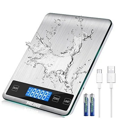 Imagen de MOJINO Bascula Cocina Digital, 15KG/33LBS Peso con 5 Unità 1g 0,1oz 1ml, Balanza Pilas AAA y Recargables USB Acero Inoxidable Pantalla LCD Retroiluminada para Hornear Cocinar