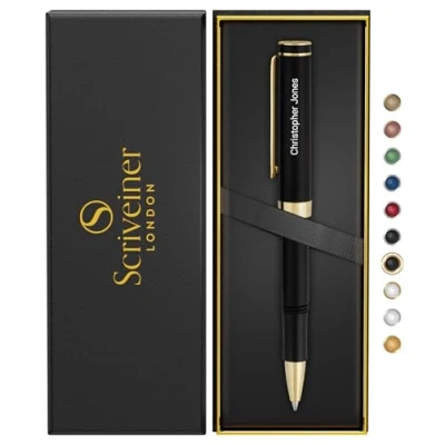 Imagen de Scriveiner bolígrafo negro personalizado, impresionante de bolsillo con acabado oro 24 quilates, escritura genial, el mejor regalo, juego regalo grabado para