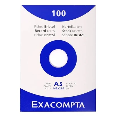 Imagen de Exacompta Ref. 13308E Caja de 10 cajas 100 enchufes Bristol lisos sin perforar, formato 148 x 210 mm, compatible con impresora inyección tinta, láser y fotocopiadora, color blanco