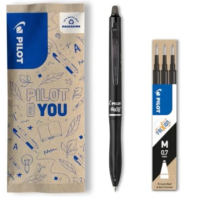 Imagen de PILOT Caja de 1 FriXion Ball 07 Plus + Set 3 Recambios Bolígrafo Borrable con Tinta Termosensible Rollerball Recargable y Retráctil Fabricado Plástico Reciclado Negro Punta Media