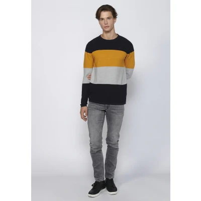 Imagen de Jersey de manga larga con cuello redondo y tricot a rayas algodón color navy para hombre Ropa Casual