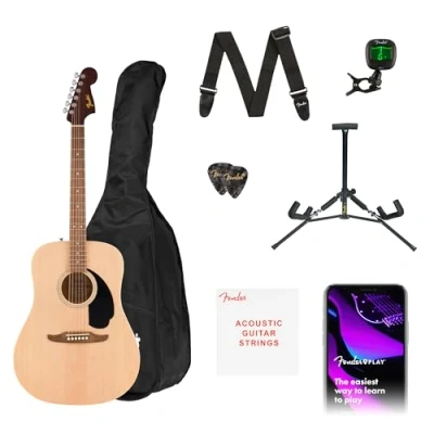 Imagen de Fender guitarra acústica California Debut Redondo en acabado natural, funda, correa, cable, púas, soporte para