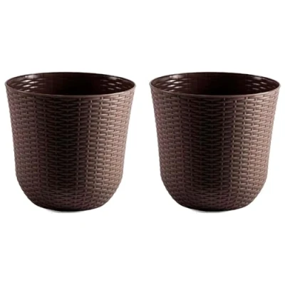 Imagen de AC Pack de 2 macetas Redonda Fabricación en plástico Diseño Rattan Ideal como macetero, Tiesto, Recipiente para Plantas, Flores, balcón, terraza, jardín Ø 33 cm Color Wengué