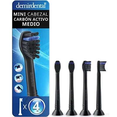 Imagen de Pack con 4 cabezales demirdental compatibles los recambios de Philips Sonicare carbón activo, mini, cepillos dureza media, Negro, corresponde a HX4084mb