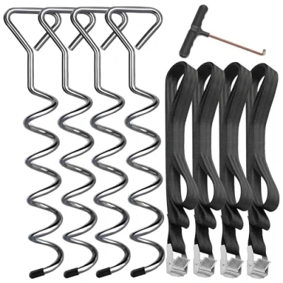 Imagen de Hodzeed 4 Juegos Tarea Pesada Kits de Anclaje Trampolín Estacas Suelo Acero Galvanizado a Prueba Herrumbre Fijación para Cama Elástica Garden con Correas Fuertes (Plata)
