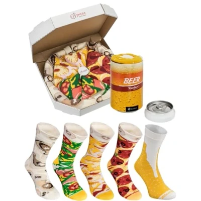 Imagen de Rainbow Socks Hombre Mujer Calcetines Pizza y Cerveza Box Regalo 5 Pares Talla 47 50