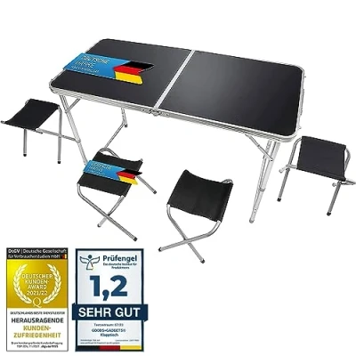 Imagen de GOODS+GADGETS Mesa Plegable Multifuncional de Camping Mercado empapelado Regulable en Altura Auxiliar para Acampar (Juego con 4 sillas, Color Negro)