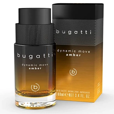 Imagen de bugatti Perfume para hombre Dynamic Move Amber 100 ml, agua de colonia ahumada, sensual y fuerte combinación canela, tabaco cipriol, dinámico, en polvo dulce picante