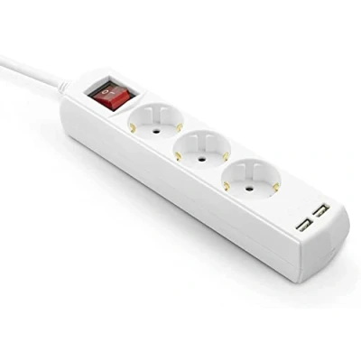 Imagen de Garza Power Regleta de 3 enchufes con Interruptor + 2 USB Ladrón múltiple 1.4 Metros hasta 3680W Protección Infantil Cable H05W F 3G Color Blanco