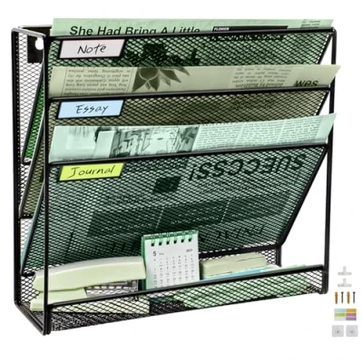 Imagen de organizador de archivos pared malla 4 niveles con bandeja plana inferior, vertical media, para colgar en la oficina, revistero, juego