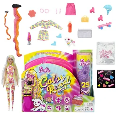 Imagen de Barbie Color Reveal Set de Regalo Serie Neon Tie Dye Flor Muñeca Que Revela Sus Colores al pelar su Capa teñida, con 25 Accesorios Sorpresa, Mascota y plastilina, Juguete +3 años (Mattel HCD26)