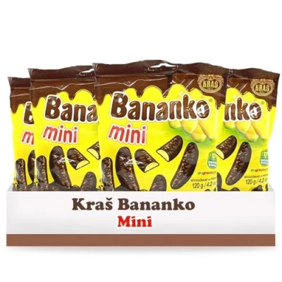 Imagen de Kraš Bananko 120 g Mini plátanos de espuma cubiertos chocolate, irresistiblemente deliciosos ¡Disfrute cada bocado dulce felicidad! Paquete 5 (120G, Pack)