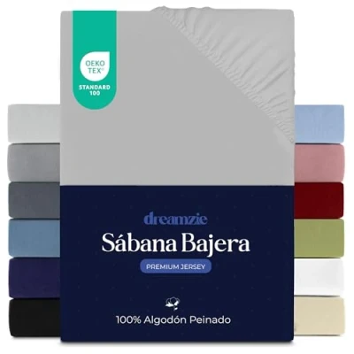 Imagen de Dreamzie Sabanas 80x200 cm, Sabana Bajera Premium para Colchones de hasta 12 cm Altura, 100% Algodon 150 g/m² Gris Certificada sin Productos Químicos (Oeko Tex)