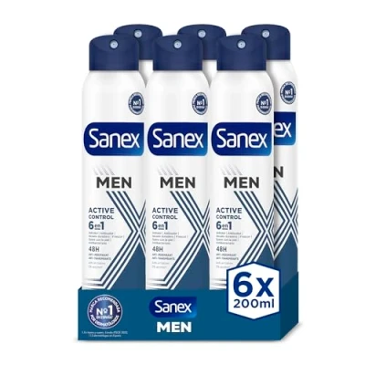 Imagen de Sanex Men Active Control Desodorante Spray para Hombre, Pack 6 uds x 200 ml, Protección 48H, Antitranspirante, Anti Irritación, 0% Alcohol, Combate el Mal Olor, Larga Duración