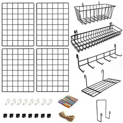 Imagen de ODOXIA Juego de 4 Paneles Rejilla Decoracion Pared con Accesorios Incluye Cestas para Colgar, Ordenador Cartas, Estante y Percheros Decoración Colgar en Casa, Oficina Cocina