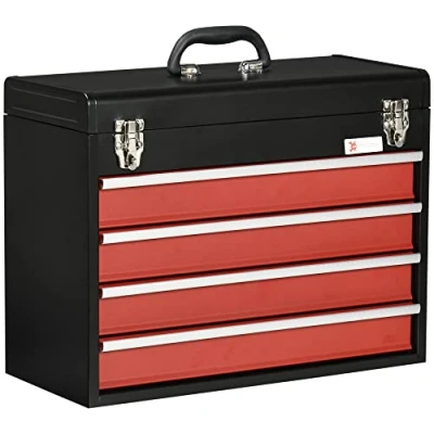 Imagen de DURHAND Caja de Herramientas Acero con 4 Cajones Tapa Abatible y Cierres Metálicos Maletín Portátil para Taller Bricolaje Hogar 51x22x39,5 cm Negro Rojo