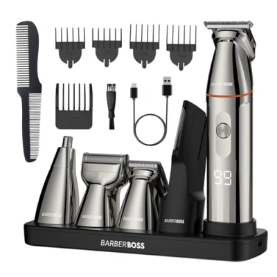 Imagen de BarberBoss Recortadora de barba, Cabello para hombres, Kit cuidado barba 5 en 1, Juego recortadora, Maquinilla afeitar precisión, nariz, orejas y cuerpo, QR 6010