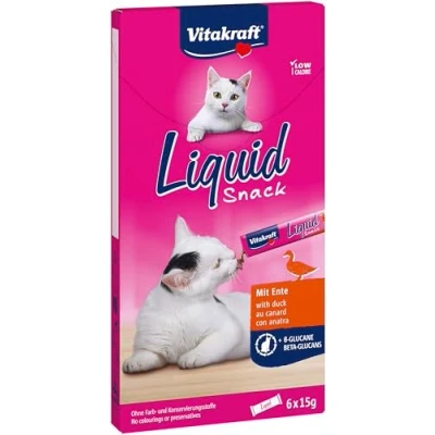 Imagen de Vitakraft Liquid Snack, snack líquido para gatos con carne de vacuno y hierba gatera, textura suave cremosa, delicioso aperitivo una flora intestinal sana, bajo en calorías (1 pack 6 x 15g)