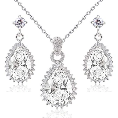 Imagen de Crystalline Azuria Mujer 18ct Chapado en Oro Blanco Lágrimas Cristales de Zirconia Boda Juego joyas Collar con Colgante 45 cm Pendientes