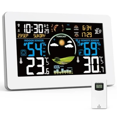 Imagen de VIFLYKOO Estación Meteorológica Inalámbrica con Sensor Exterior, Digital Multifuncional de Temperatura, Humedad, Presión Atmosférica, Pronóstico del Tiempo, Alarma