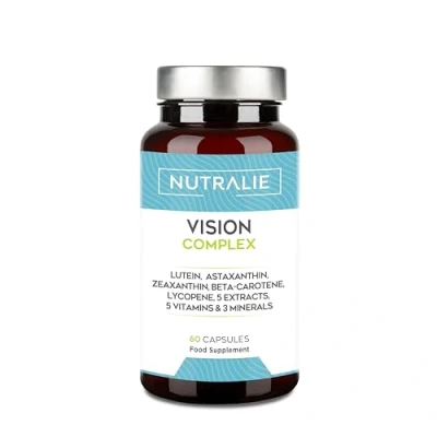 Imagen de Vision Complex Luteína + Zeaxantina Astaxantina Vitaminas C E y A Para Ojos Complejo 18 Ingredientes con Zinc Selenio Cobre Licopeno Tiamina Riboflavina 60 Cápsulas Nutralie