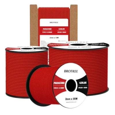Imagen de Brotree Paracord 3mm 15M Cuerda 100% Nylon Tipo II 3 Hebras 425 para Exterior, Bricolaje 192 kg Carga de Rotura (Rojo)