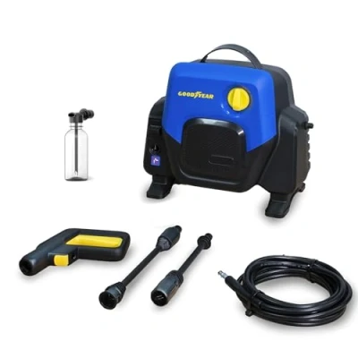 Imagen de Goodyear Hidrolimpiadora 1400W Compacta 100 Bar 300l/H. Pistola y Lanza Turbo. Enrollador de Manguera Azul. Sistema Auto Stop. Depósito detergente 200ml