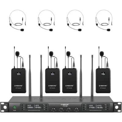 Imagen de Phenyx Pro Sistema de microfono inalámbrica UHF 4 canales con exploración automática, Bodypacks/Auriculares/Micrófonos solapa, 4x40 frecuencias, 328ft Cobertura, para iglesia, DJ (PTU 7000 4B)