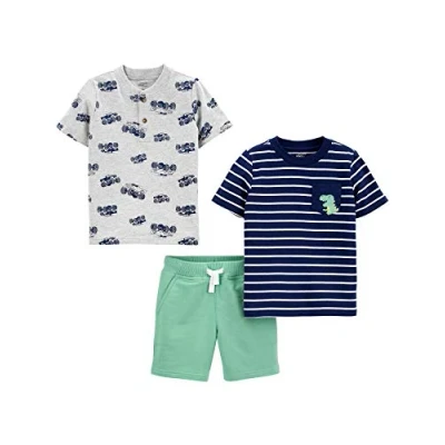 Imagen de Simple Joys by Carter&#039;s 3 Piece Button Up, Shorts, and tee Playwear Set Conjunto de Pantalones, Azul Marino Rayas/Gris Camiones Monstruo/Verde, años para Bebés