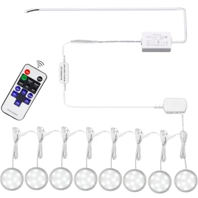 Imagen de AIBOO iluminación LED para debajo del gabinete, luces de disco regulables 12 V, cableadas con control remoto inalámbrico RF estado ánimo cocina(8 luces, Blanco frío)