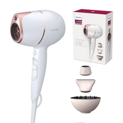 Imagen de Philips Secador de pelo Prestige tecnología SenseIQ personalizada para protección contra sobrecalentamiento, sensor infrarrojo, iónica, incluye difusor y boquillas peinado (modelo