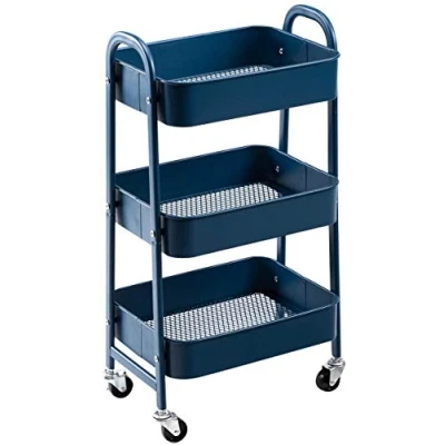 Imagen de DOEWORKS Carro de Almacenamiento Carrito Auxiliar con Ruedas Cocina Servicio Metalico 3 Niveles Rodante Organizador Para Dormitorio Baño Oficina, Azul Marino